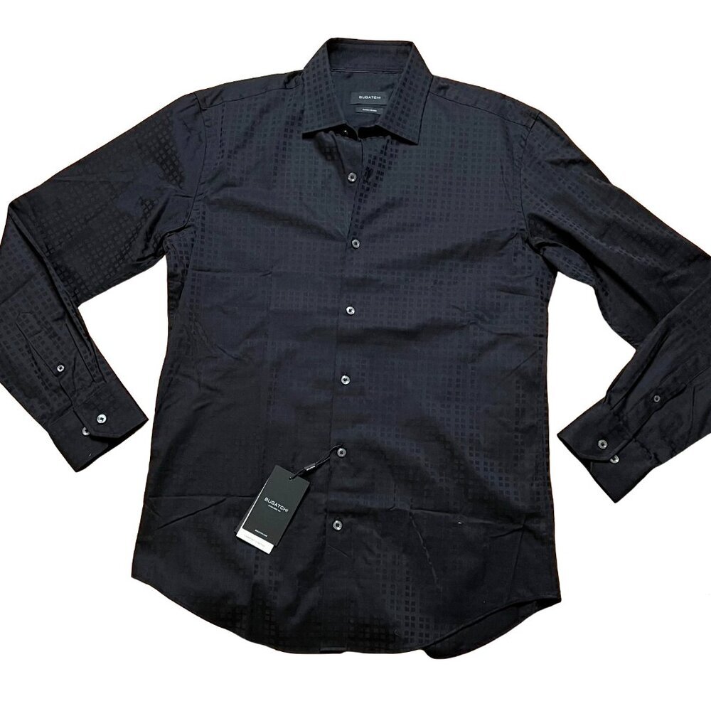 NWT Bugatchi Men's Textured Button Down Shirt Geometric Black 17.5 36 / 37
